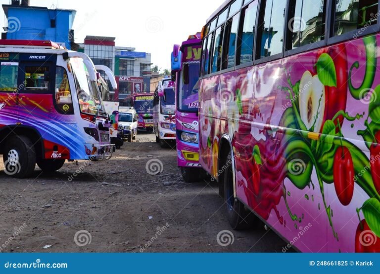 buses coloridos en una estacion de autobuses
