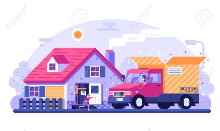 Cómo funciona la entrega puerta a puerta de compras en el exterior 27 camion de reparto frente a una casa