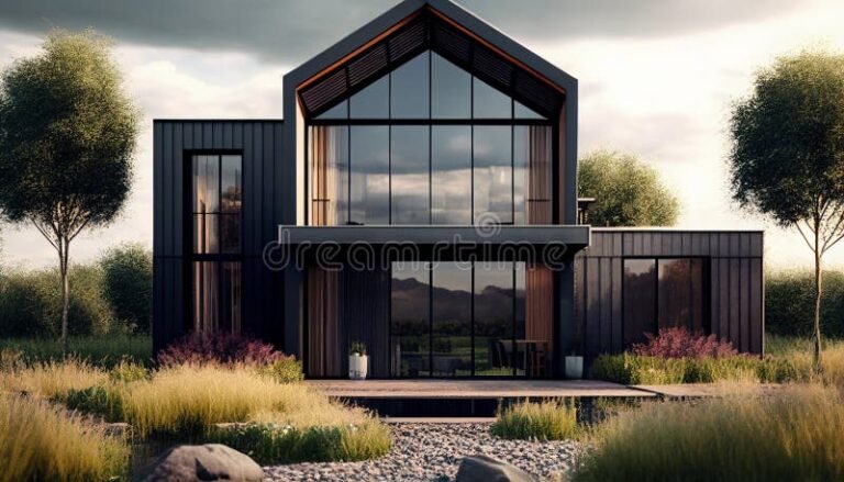casa moderna con jardin y ventanas grandes