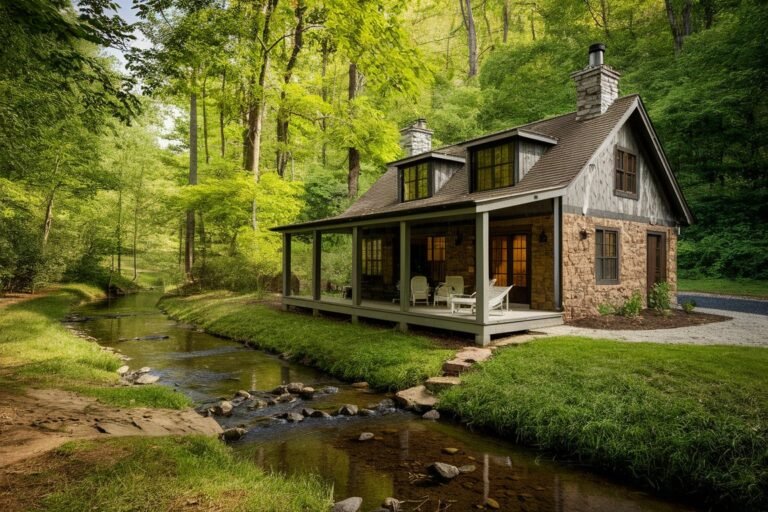 casa moderna sobre un arroyo sereno