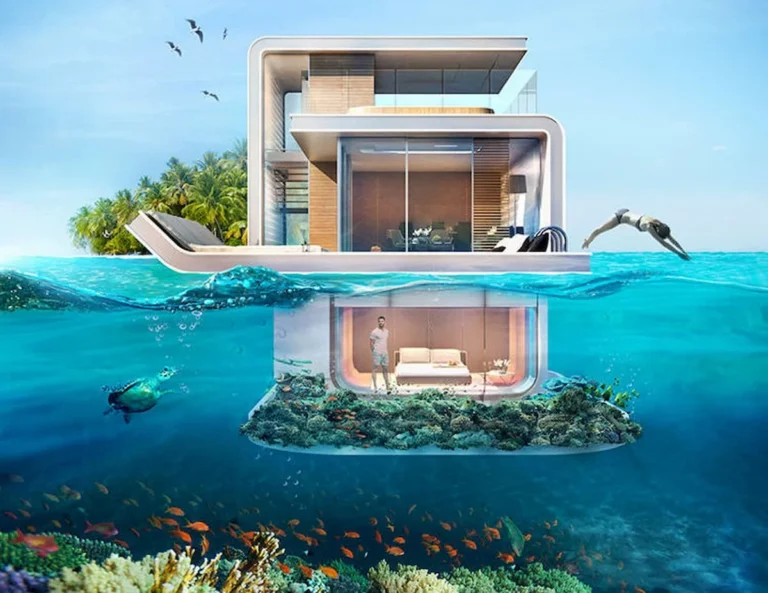 casa sumergida en agua con naturaleza