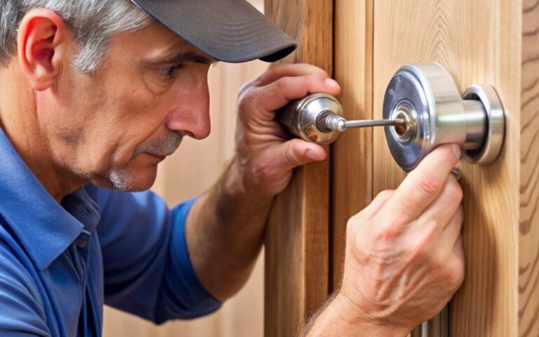 cerrajero trabajando en una puerta residencial