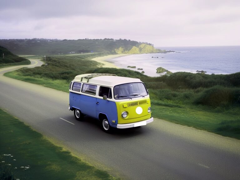 combi colorida en carretera costera