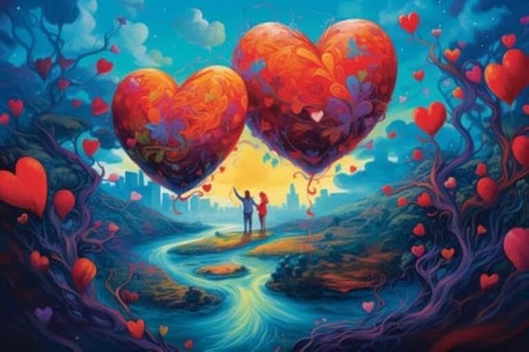 corazones entrelazados en un paisaje