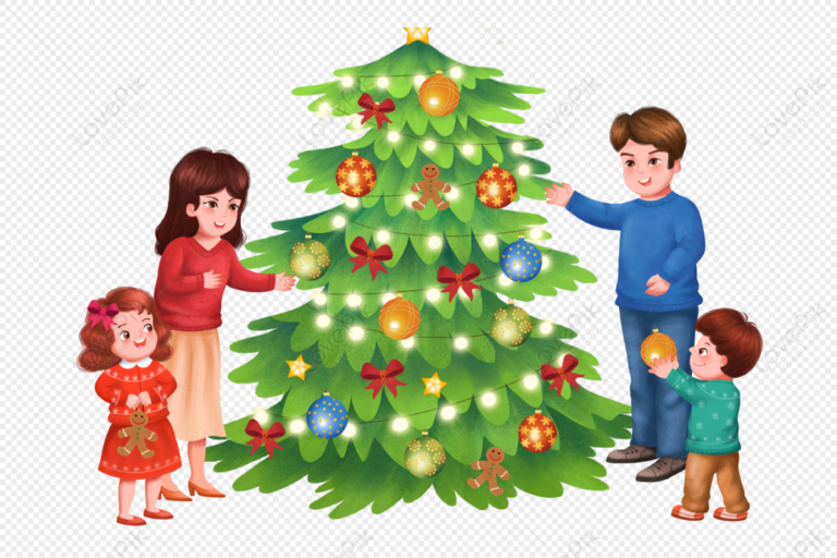 familia decorando un arbol de navidad