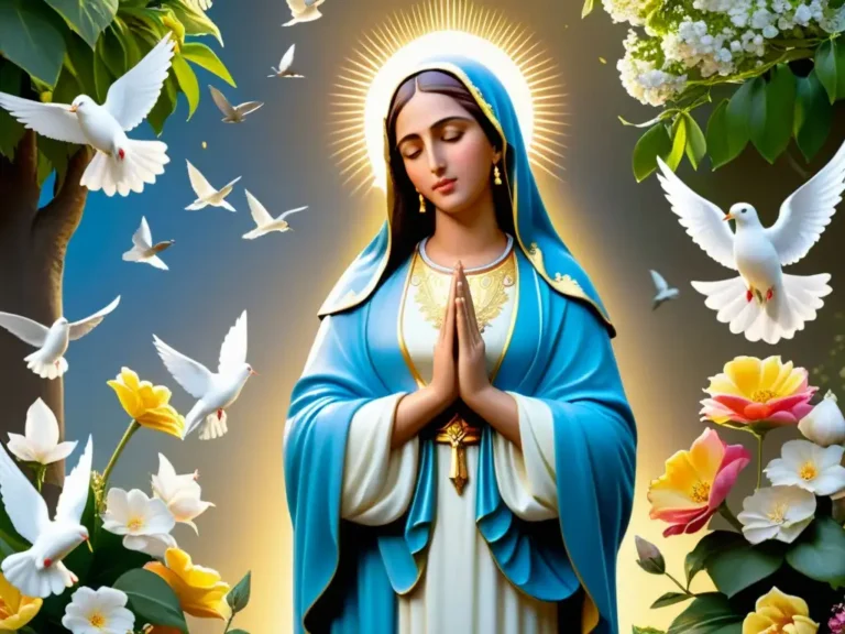 maria rodeada de luz y flores