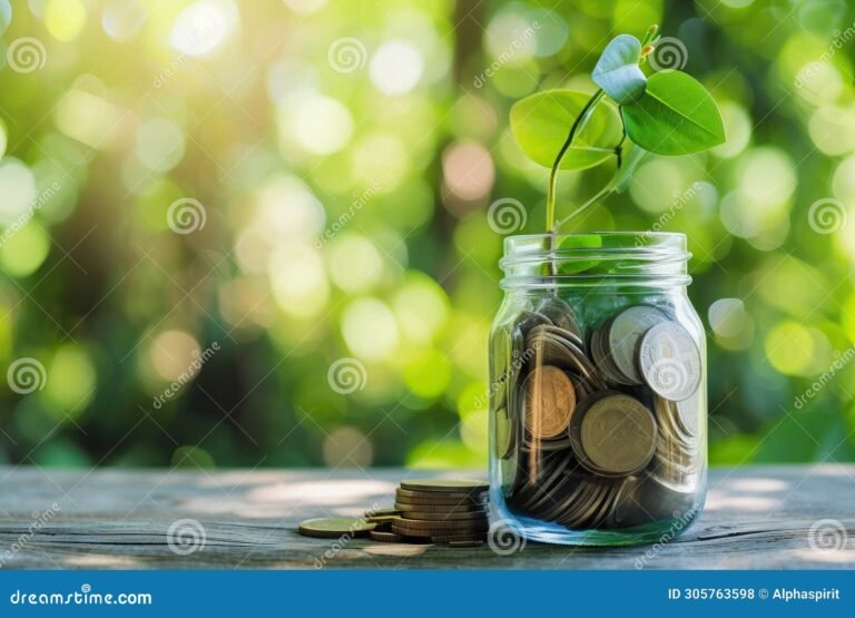 monedas y plantas creciendo en una jarra