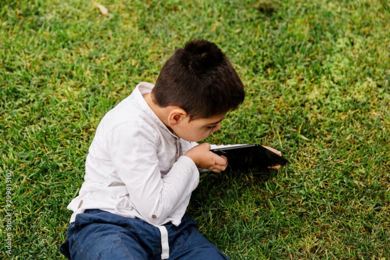 nino usando tableta en un parque