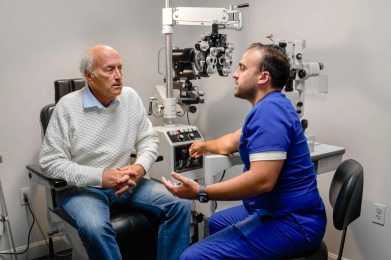 optometrista atendiendo a un paciente mayor