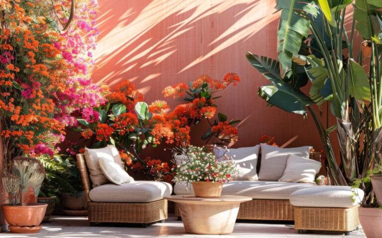 patio decorado con plantas diversas y creativas