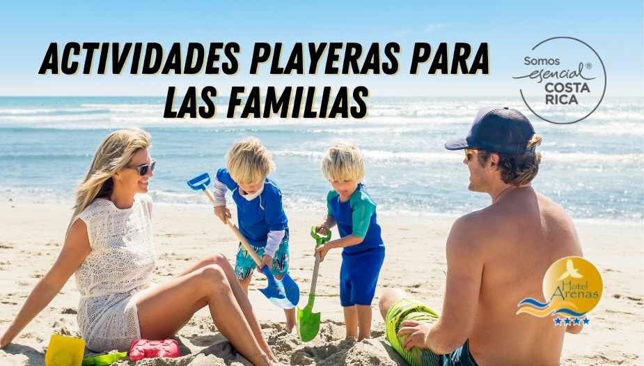 playa soleada con familias disfrutando actividades