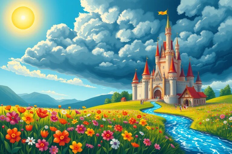 ramo de flores frente a un castillo