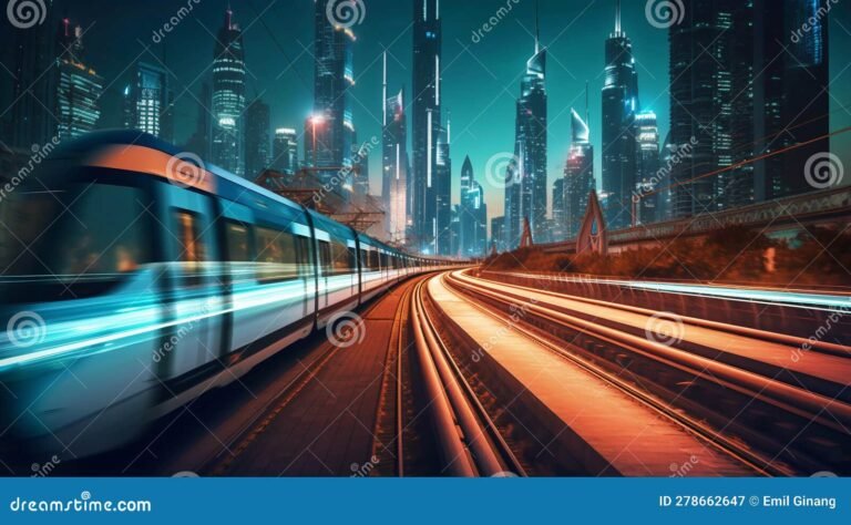 tren viajando por paisaje urbano