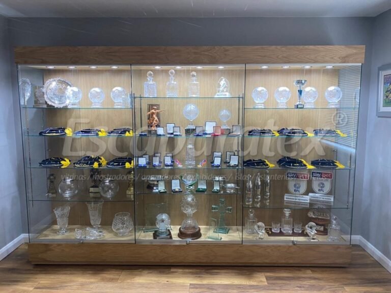 trofeos brillantes en una vitrina de tienda